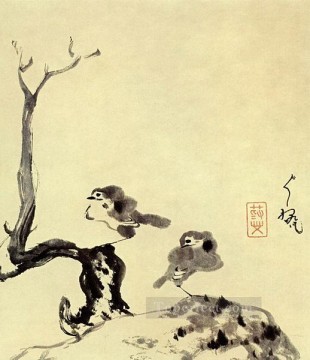  antigua Pintura - dos pájaros 1705 tinta china antigua